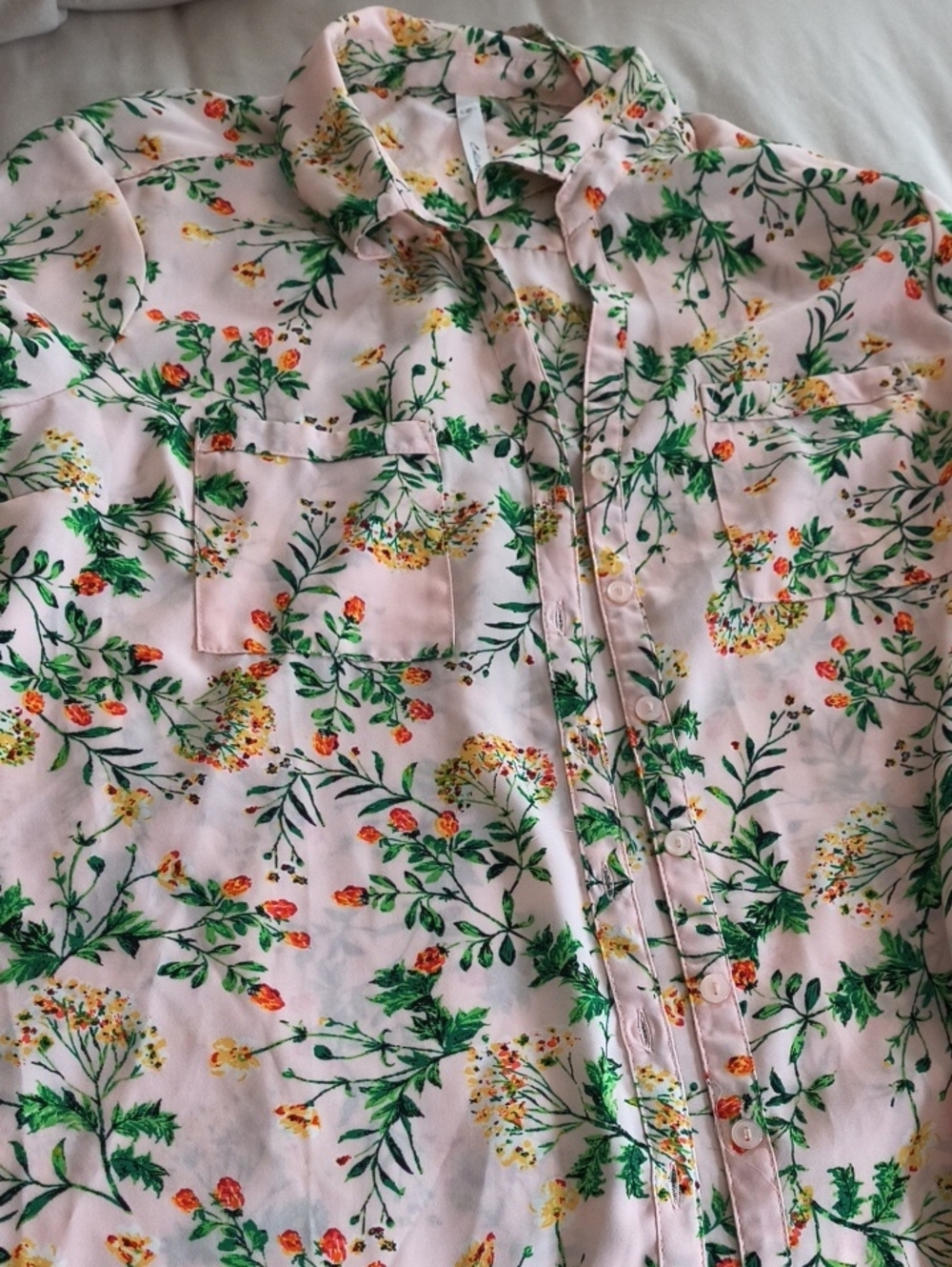 NY Collection Pink Floral Button-Down Shirt with Green & Yellow Print
